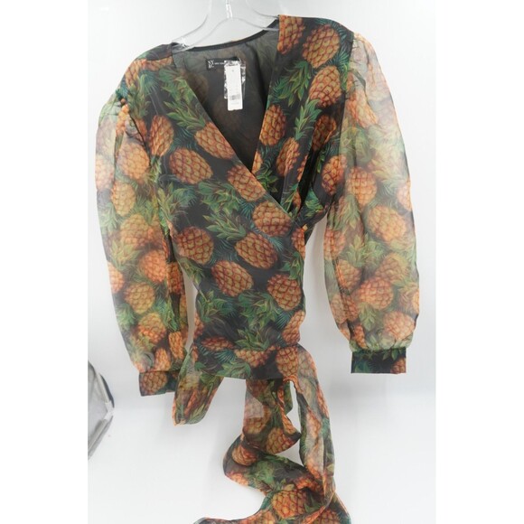 NWT NY& C Pineapple Print Wrap Tropical Blouse Organza V-Neck Puff Sleeve Sz XXL - Picture 8 of 9